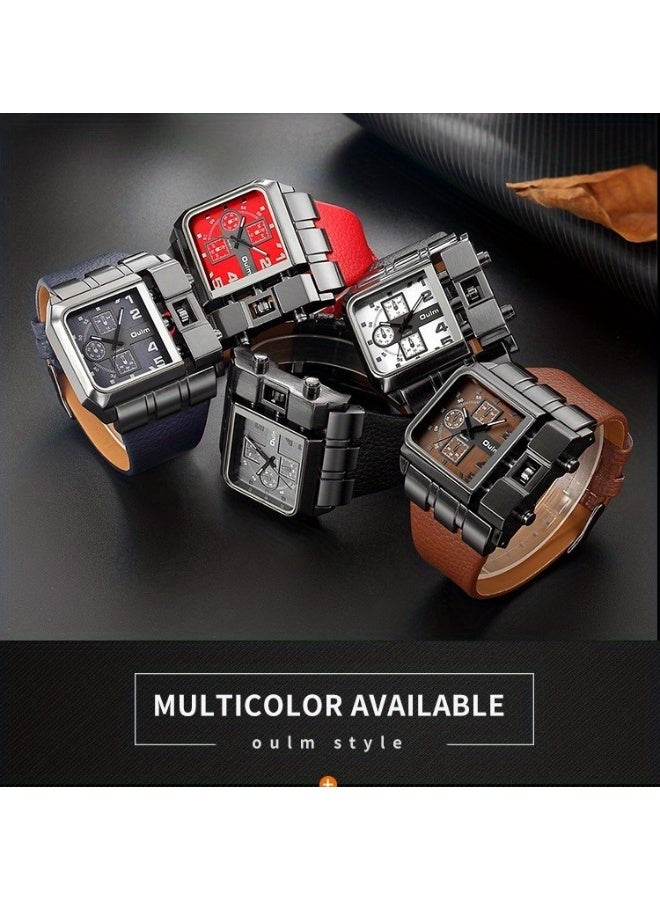 Oulm My souq store:Oulm Men's Large Square Quartz Wrist Watch - Matte Black Case with Premium Leather Strap. - Image 4